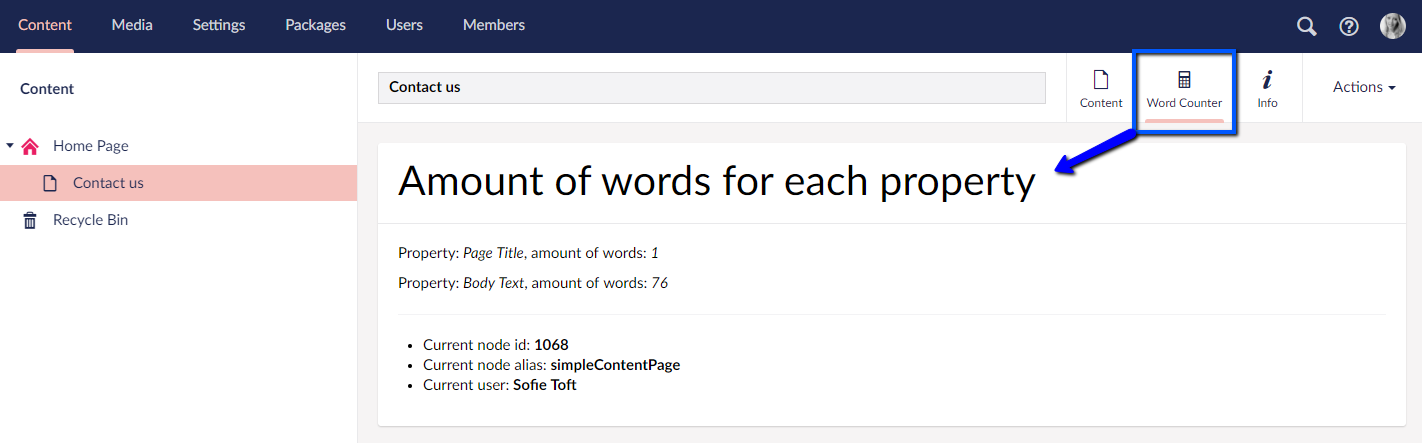 Content App in action: Word Counter