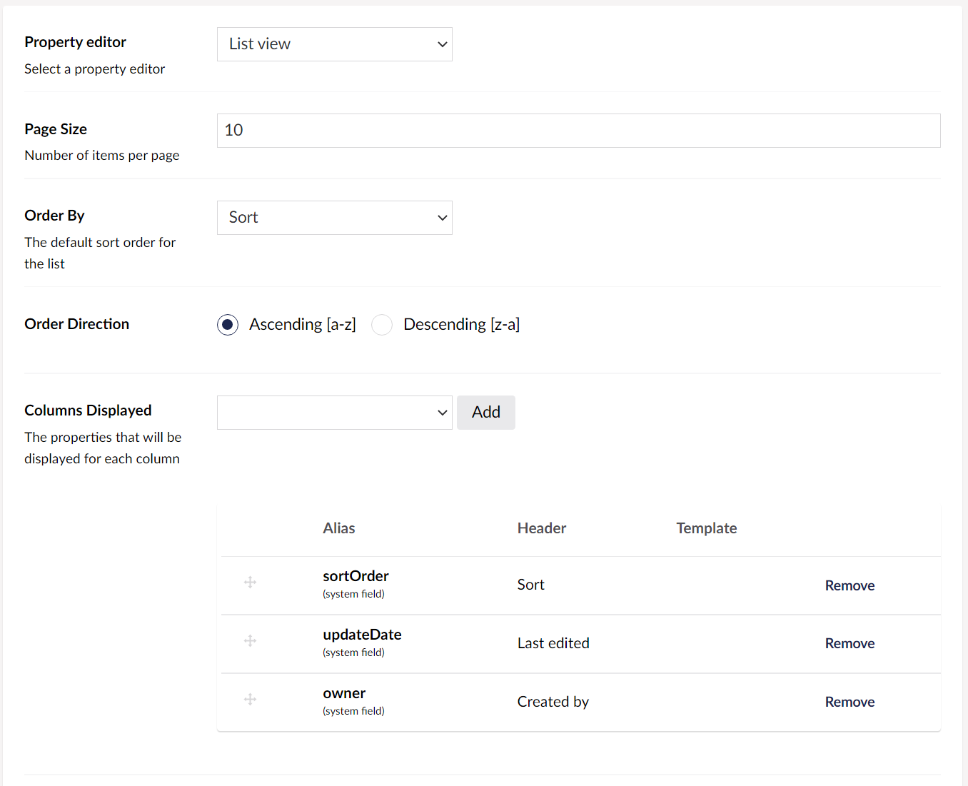 List view settings example