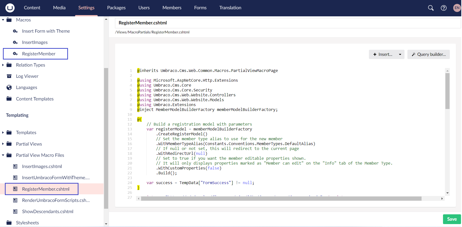 Created partial view from snippet