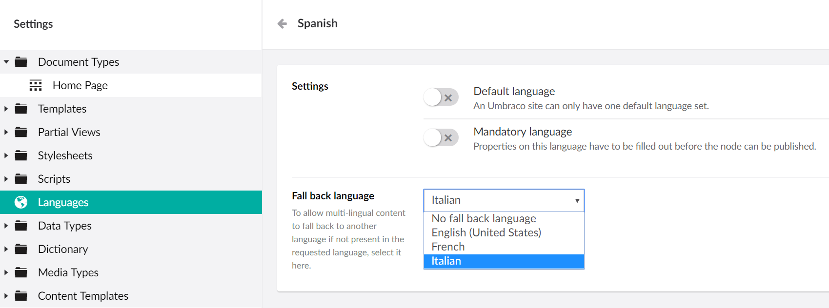 Configuring fall-back languages