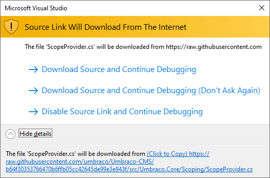 Visual Studio 2019 SourceLink dialog