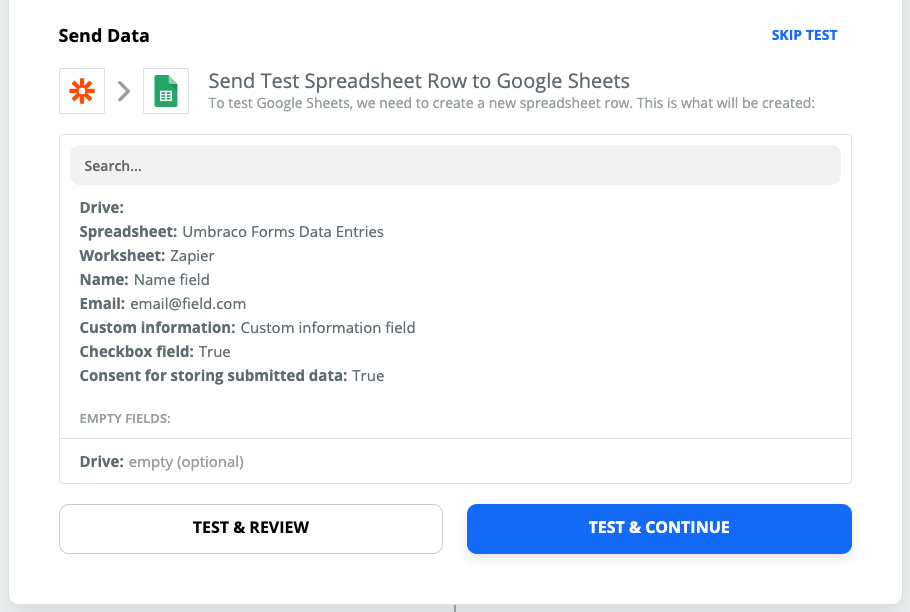 Zapier Google Sheets Test