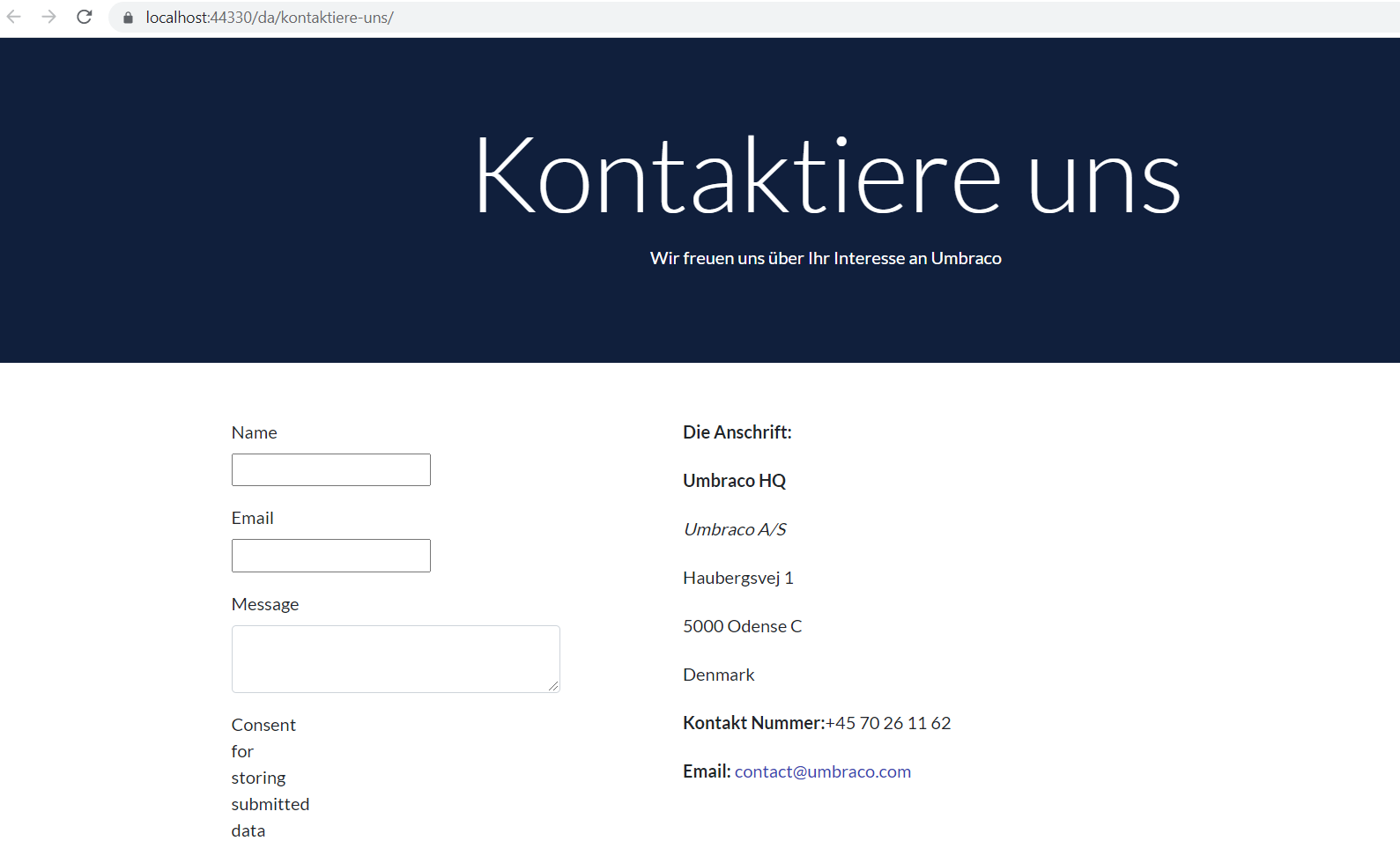 German version of Contact Us page