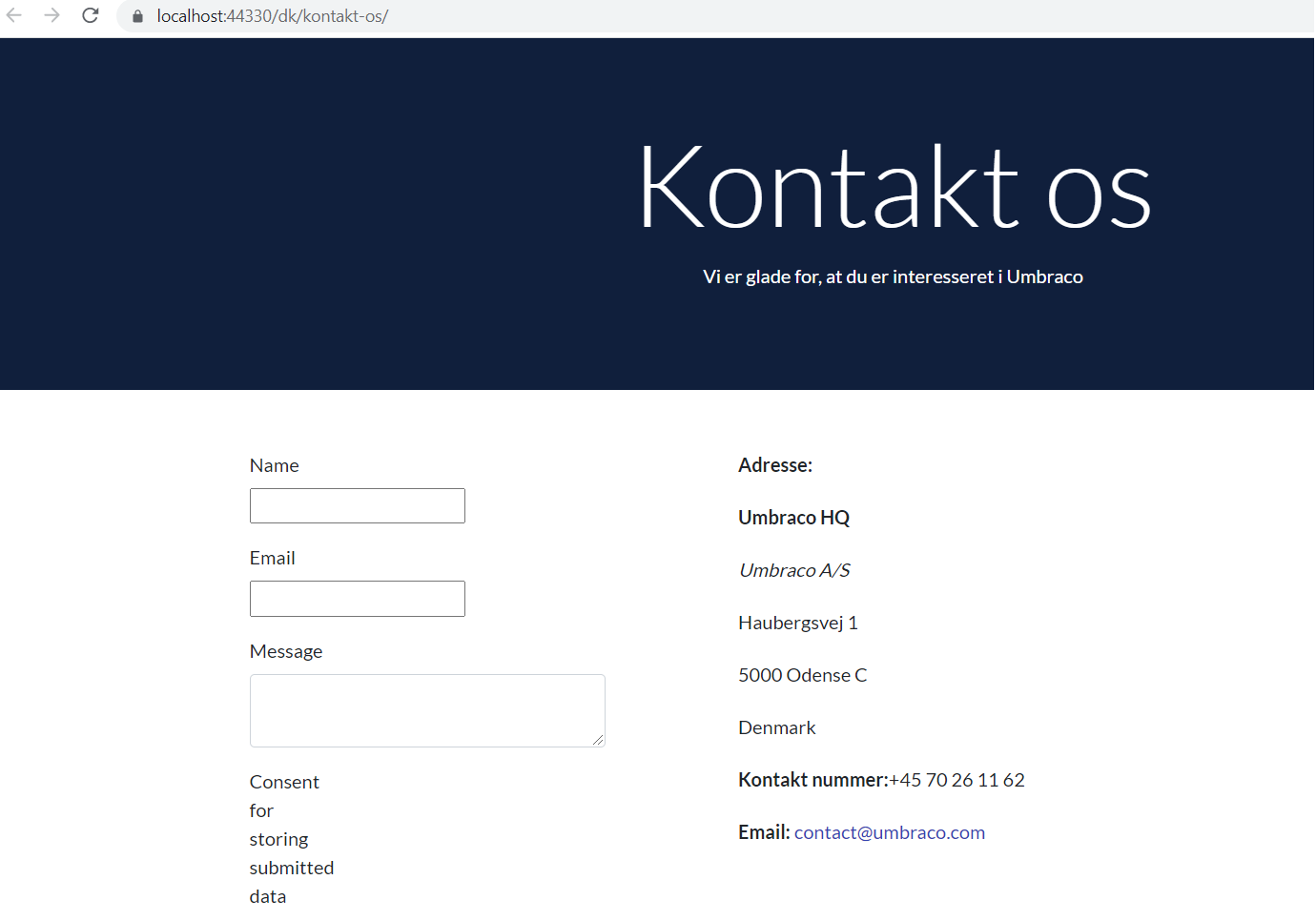 Danish version of Contact Us page