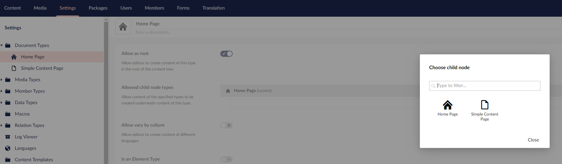 Homepage - Allowed Child Nodetypes