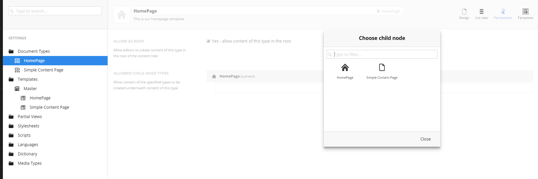 Homepage - Allowed Child Nodetypes