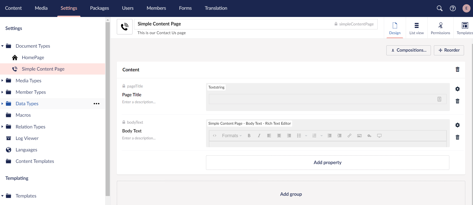 Simple Content Page Template with Data Fields