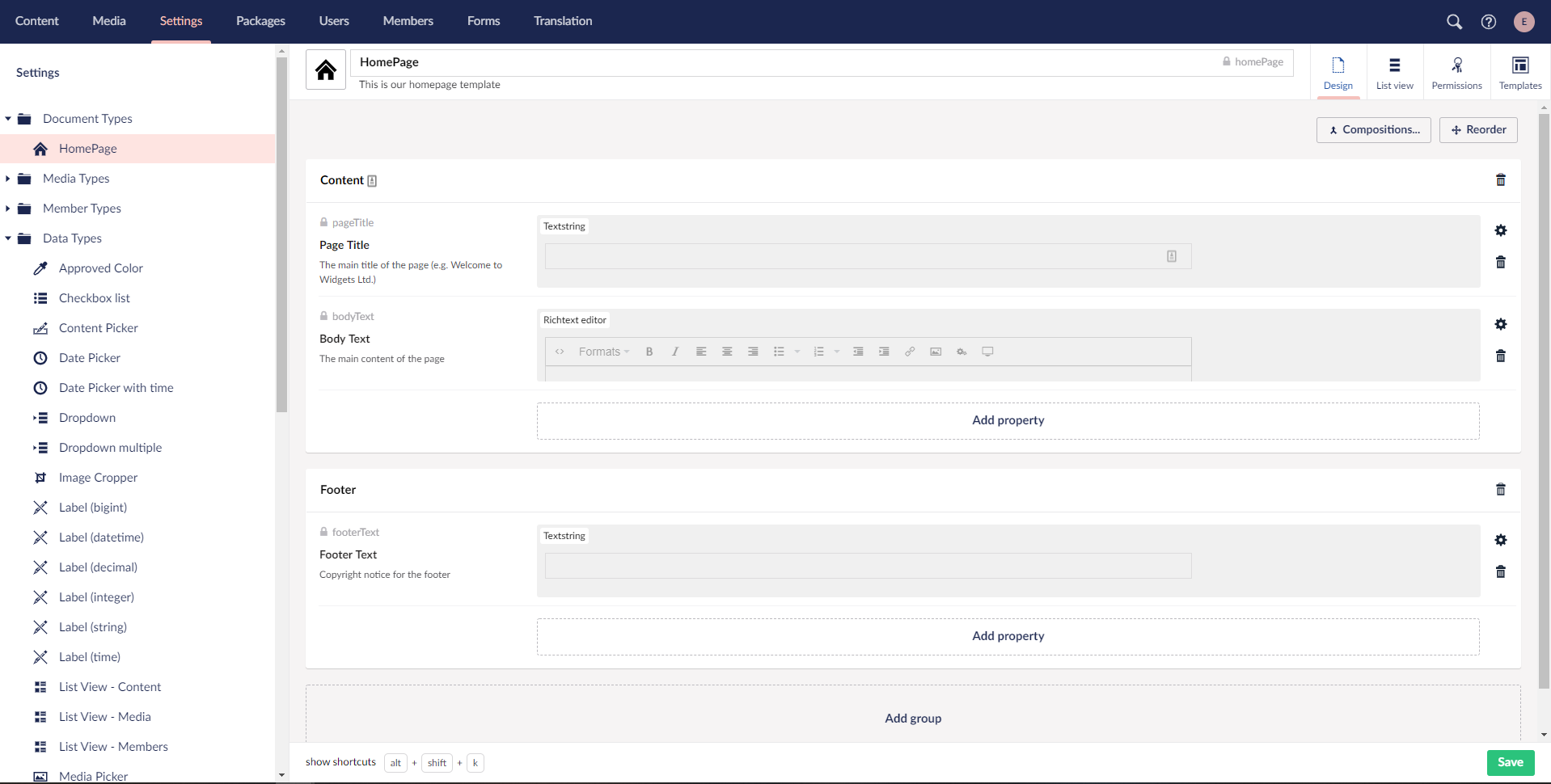 Homepage Document Type with Properties