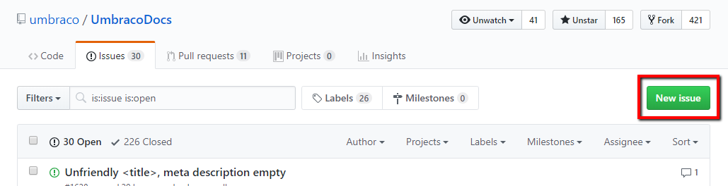 New issue on GitHub