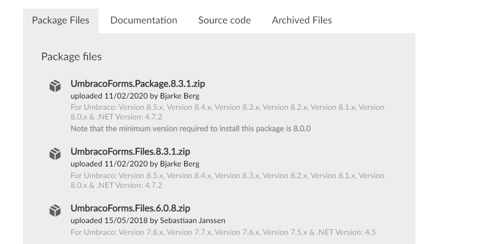 Package files list