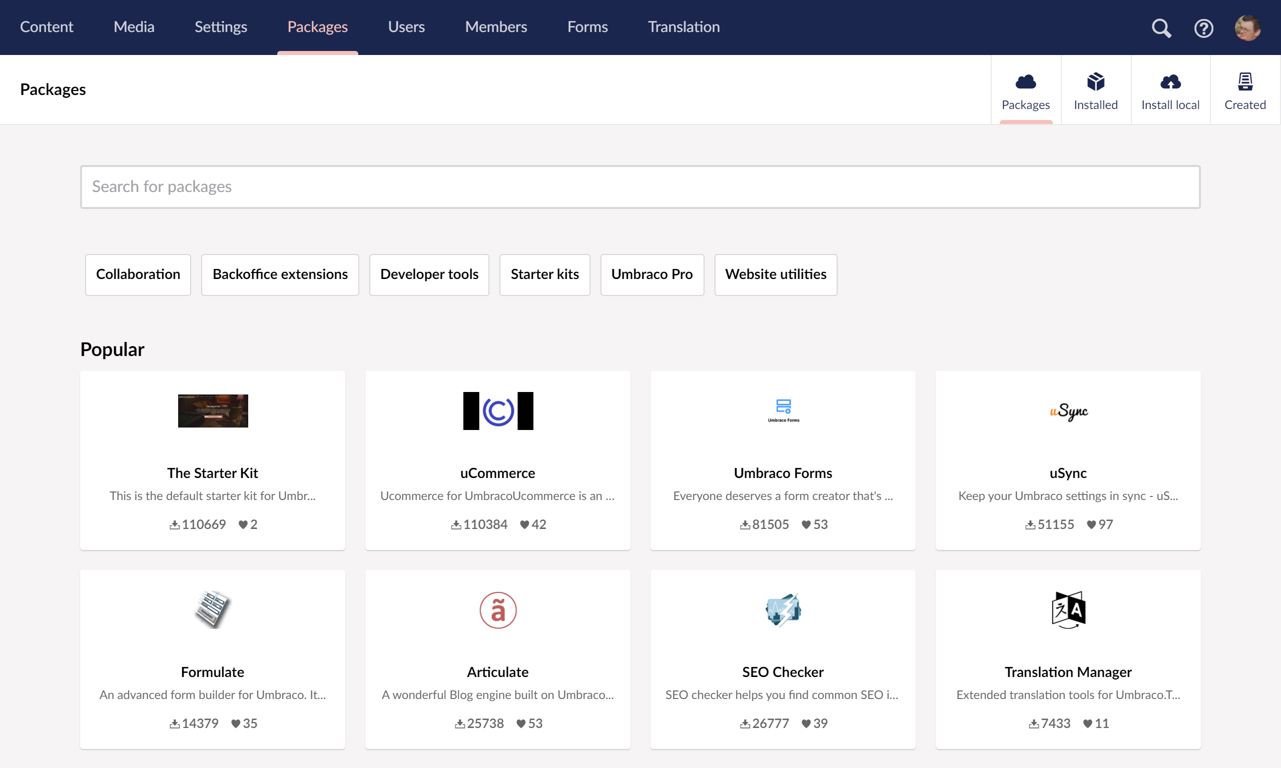 Zip packages can be installed via the Umbraco backoffice package section