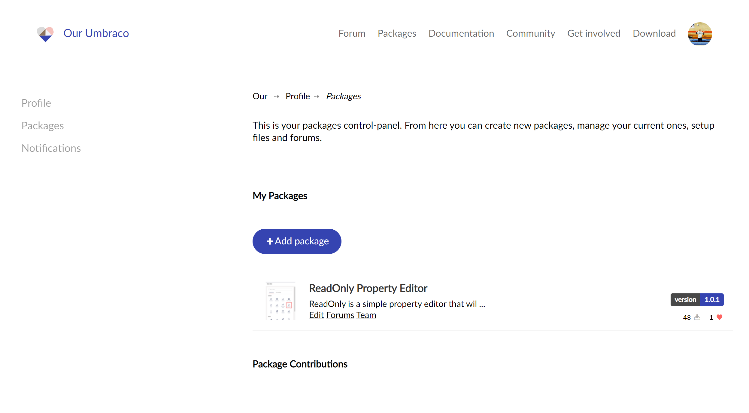 Your packages profile page