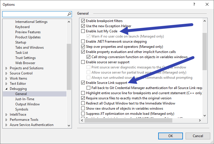 Visual Studio 2019 Debug Settings for SourceLink