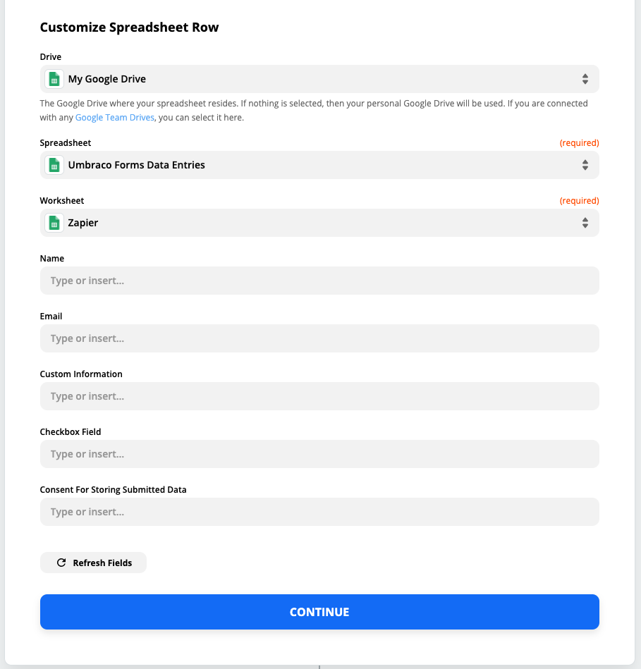 Zapier Google Sheets Possible Fields