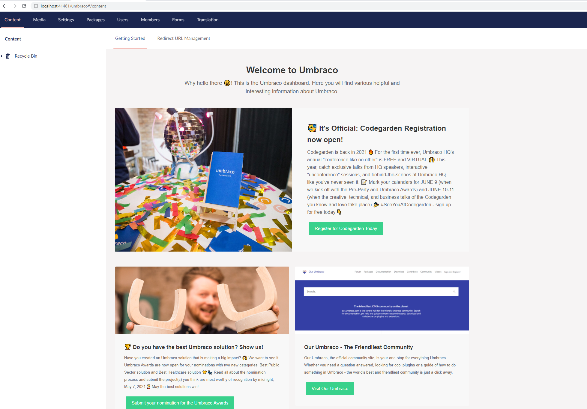An empty Umbraco installation backoffice