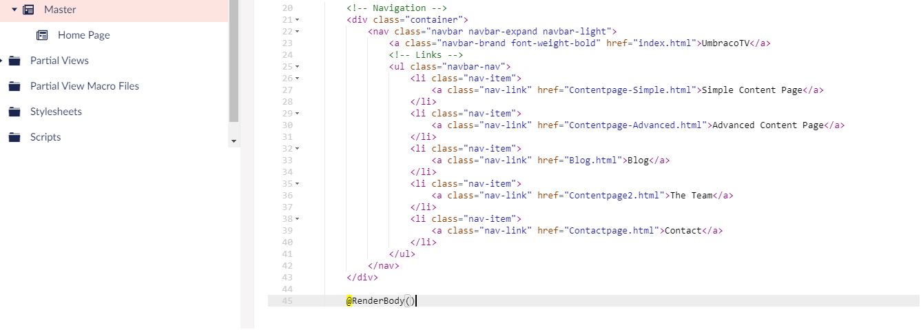 Adding RenderBody() to the Master Template