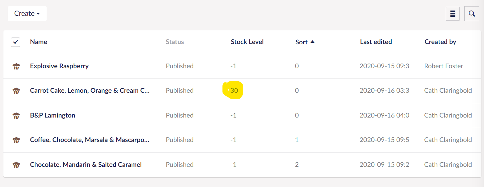 List view showing correct stock level