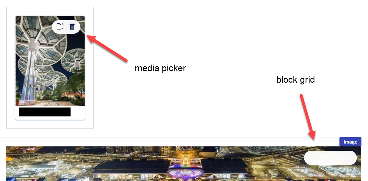 A content node view in backoffice with action icons appearing for a media picker, but not for a block grid editor