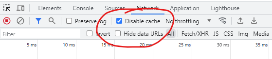 Screengrab of Chrome DevTools Network panel, with "Disable cache" option enabled