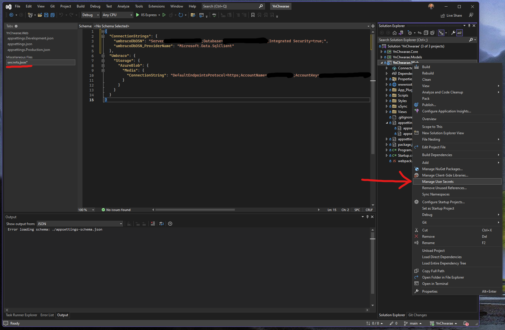 Screenshot of Visual Studio with the right-click context menu open on the project highlighting the Manage User Secrets option