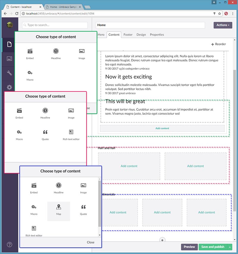 Three different content options for available configurations