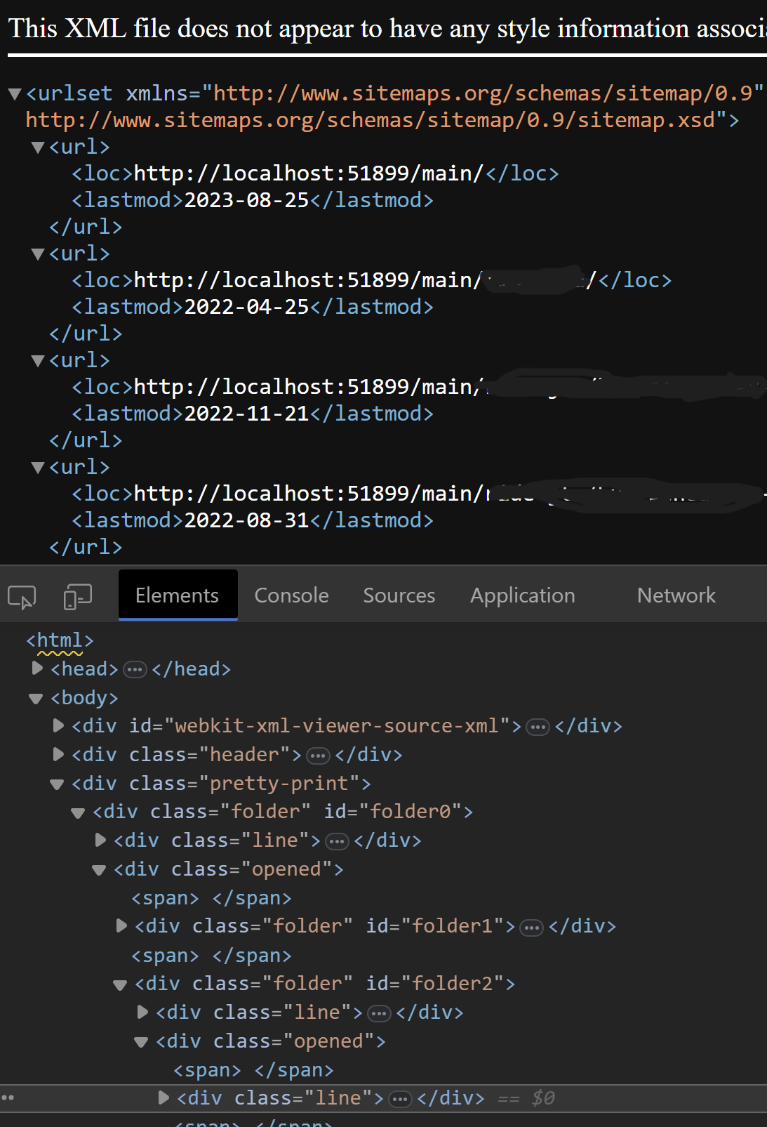 screenshot of sitemap with dev tools elements tag open, showing the file contains html tags