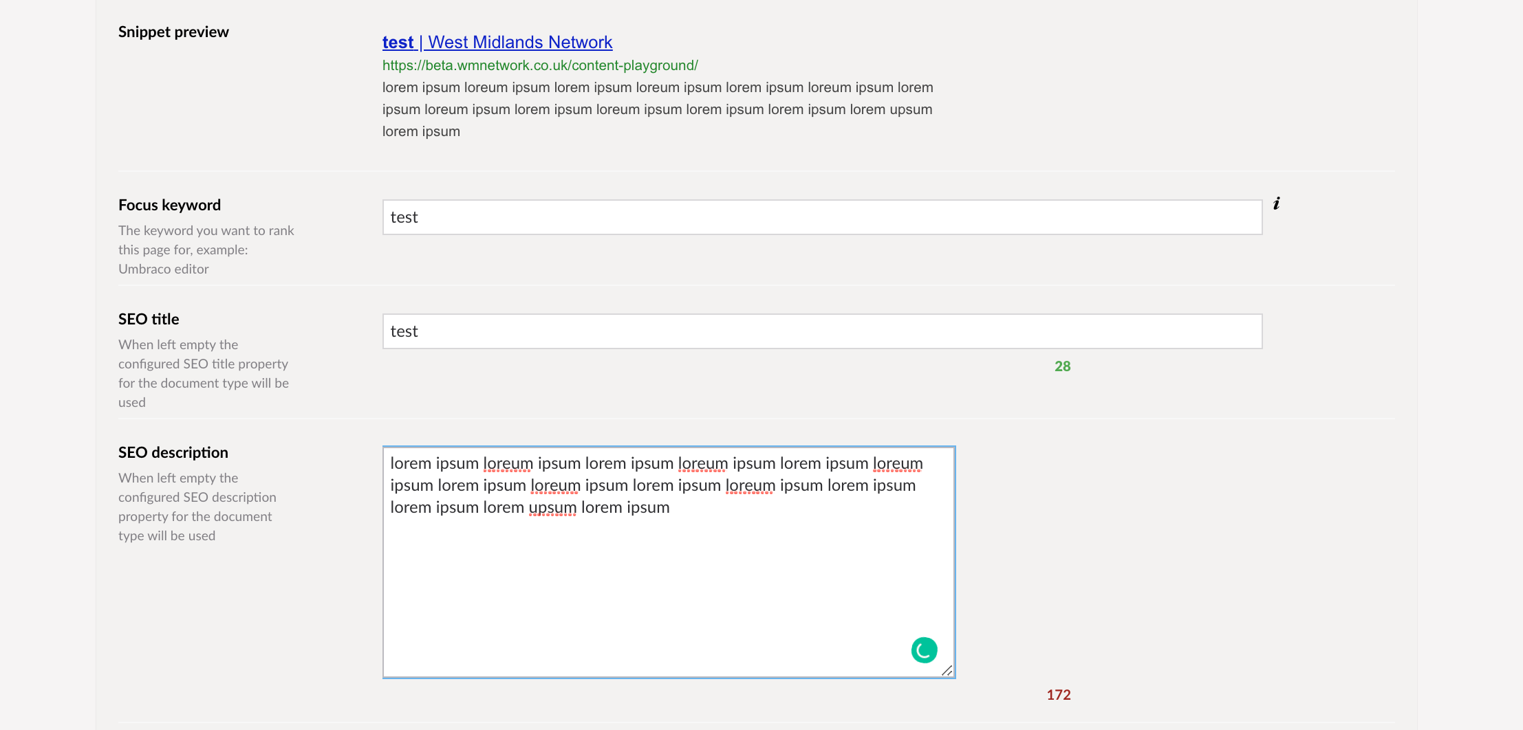 image showing SEO Checker fields in Umbraco back-end