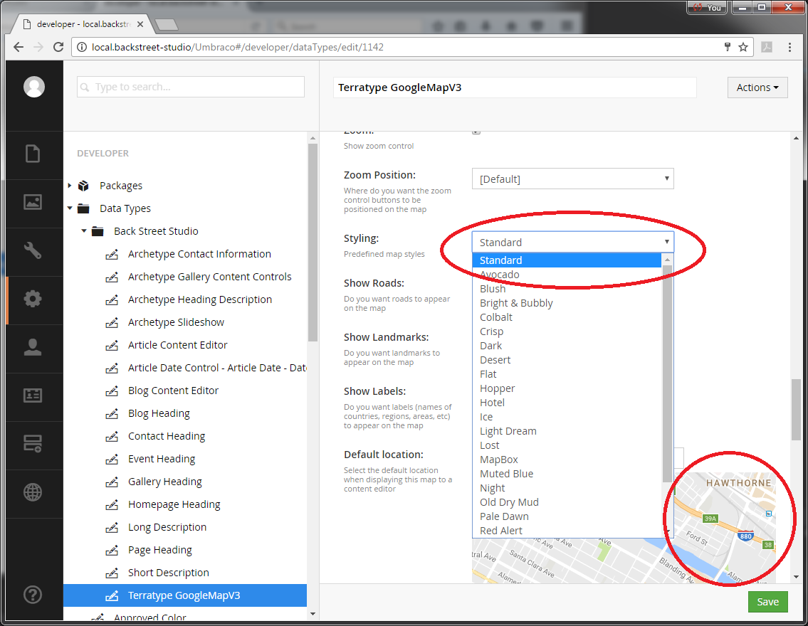 Trying to update the map settings using Chrome (drop-down list is visible.