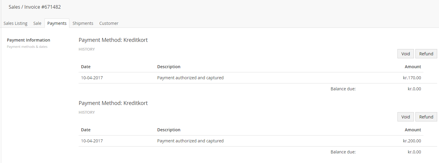 Payments tab
