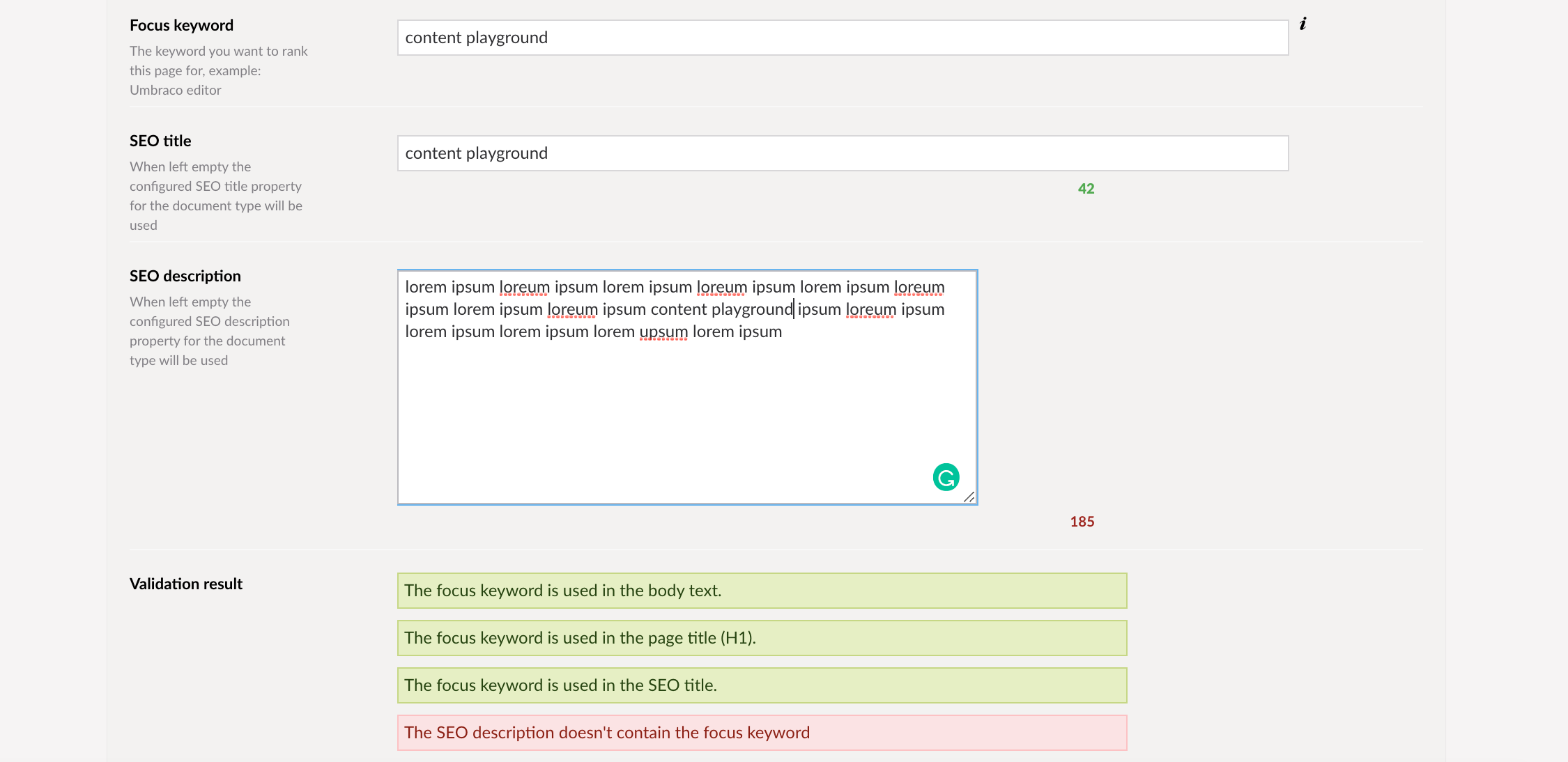 image showing the SEO Checker fields in the Umbraco back-end