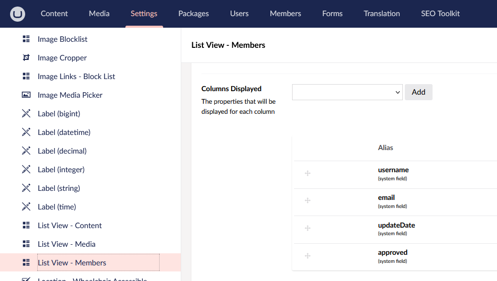 screenshot of Umbraco backend showing amended columns for members list view