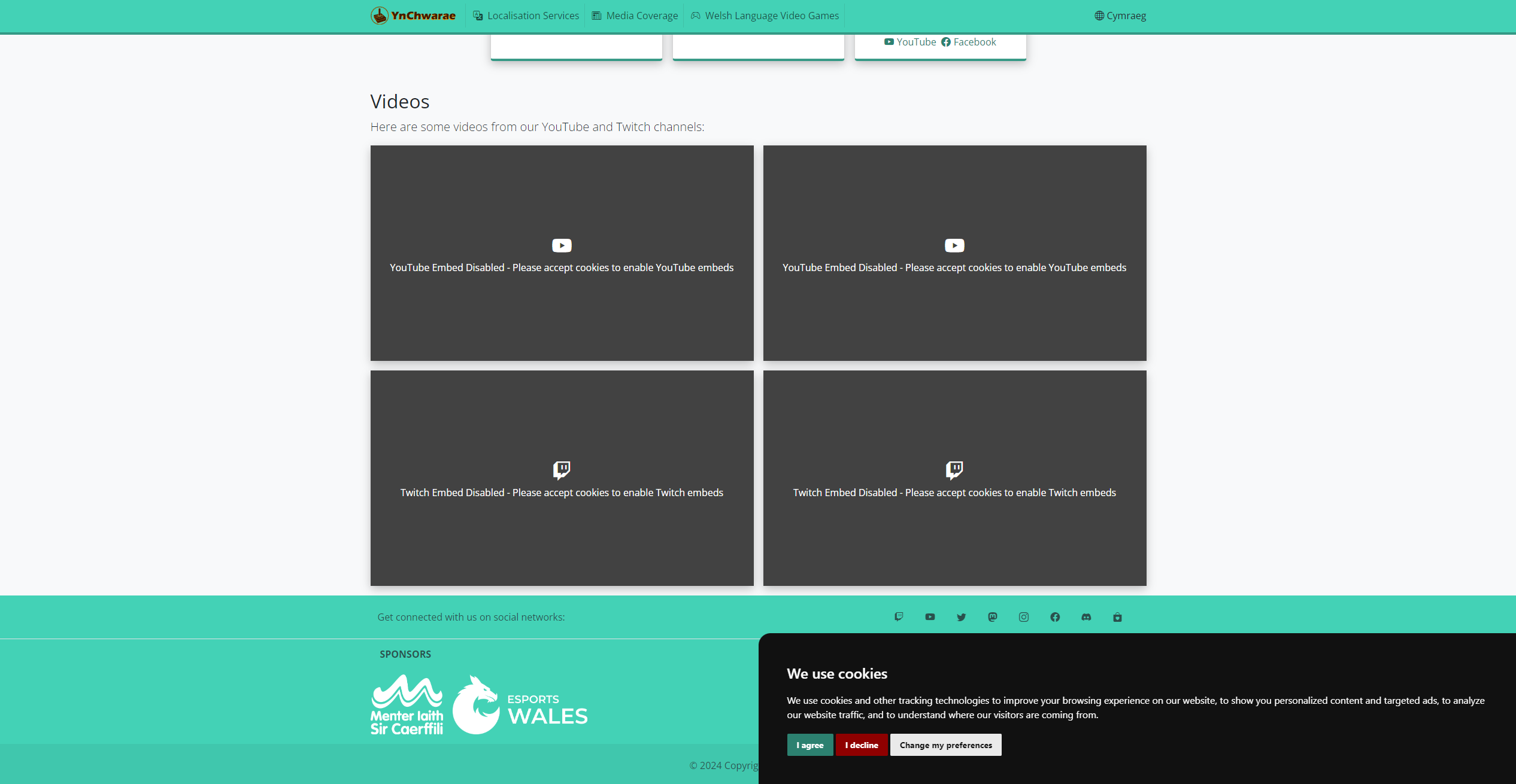 A screenshot of the ynchwarae.cymru homepage, showing the placeholders for the Twitch and YouTube embeds