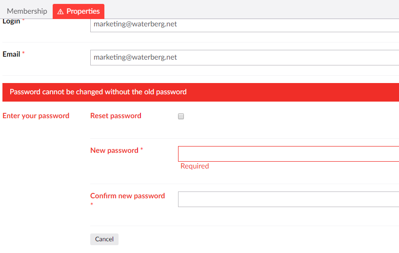 Validation message showing "Password cannot be changed without the old password"