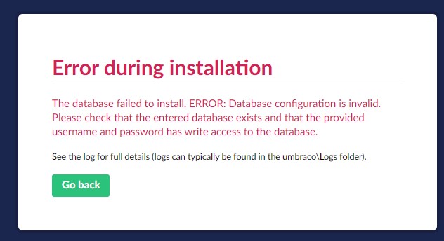 Error message when trying to connect to local database