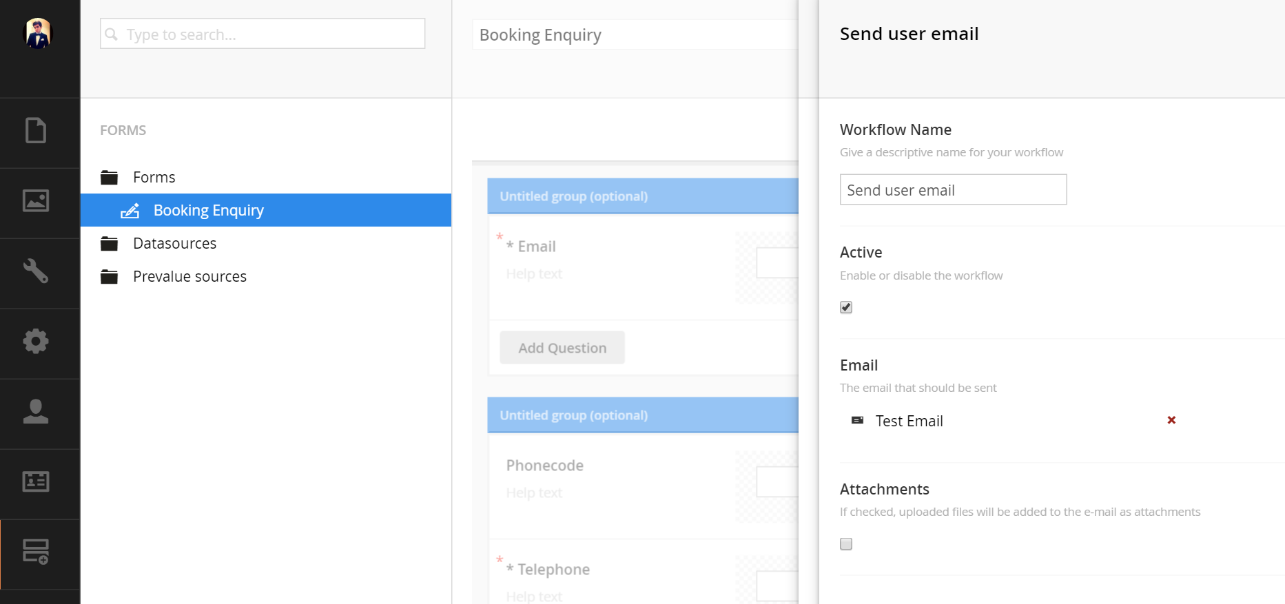 Form Workflow 'Send user email' perplex settings