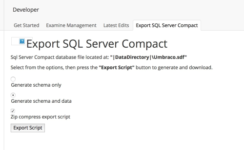 The Export SQL Server dashboard in Umbraco 7.2.1
