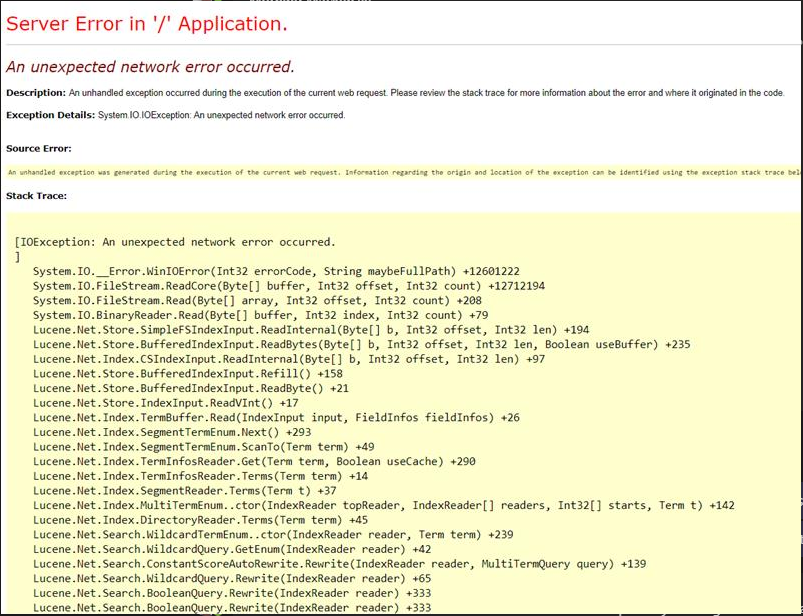 Screenshot of the error