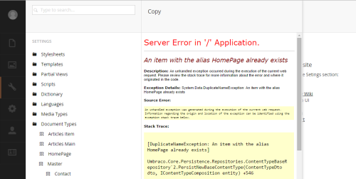 Server Error umbraco copy Document Type