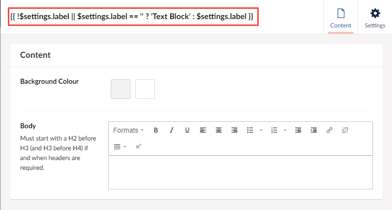 Screenshot of what is shown when adding a Text Block to a Block List