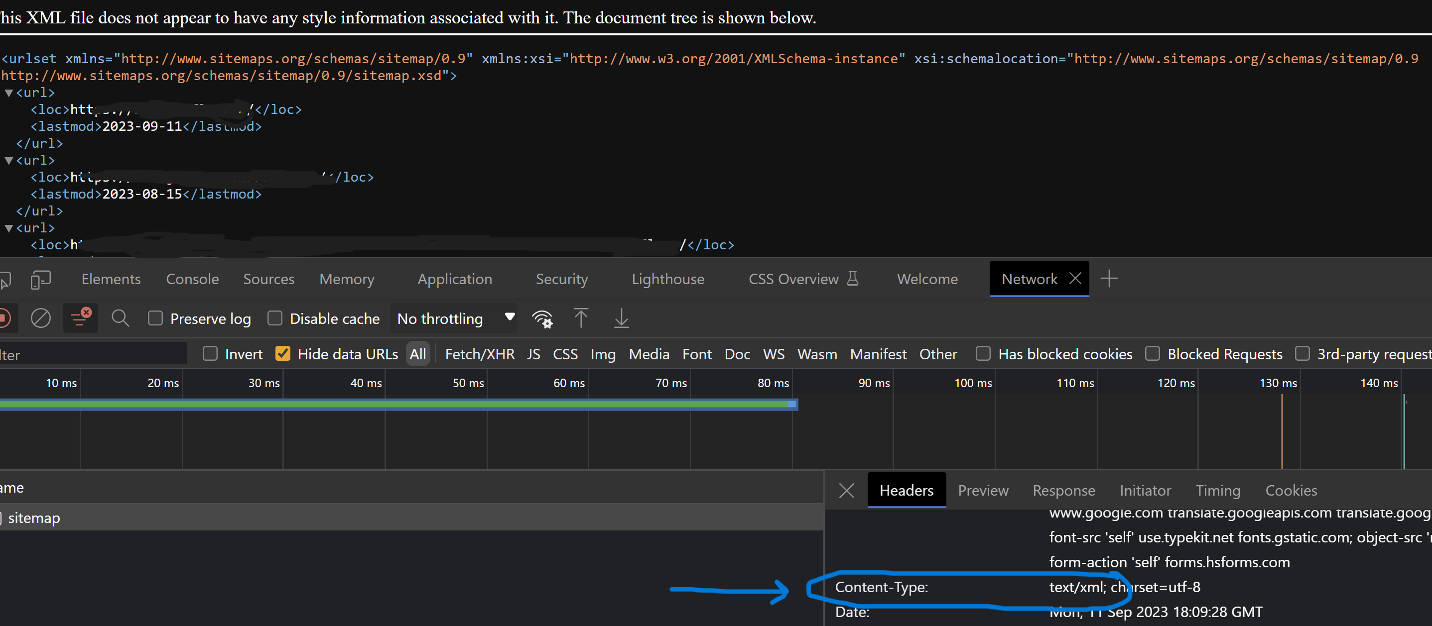 Screenshot of sitemap with dev tools network tab open, showing the content type header is text/xml