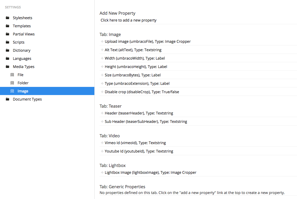 Properties on Image Media Type | Umbraco