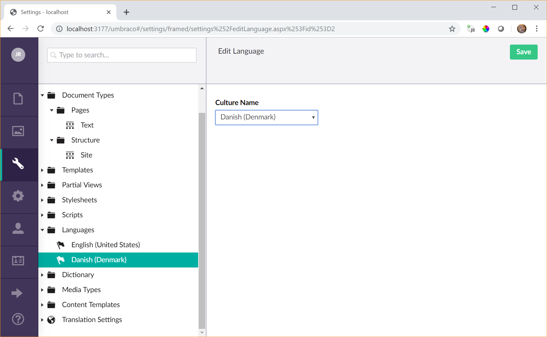 Screenshot showing the 2 languages installed into Umbraco