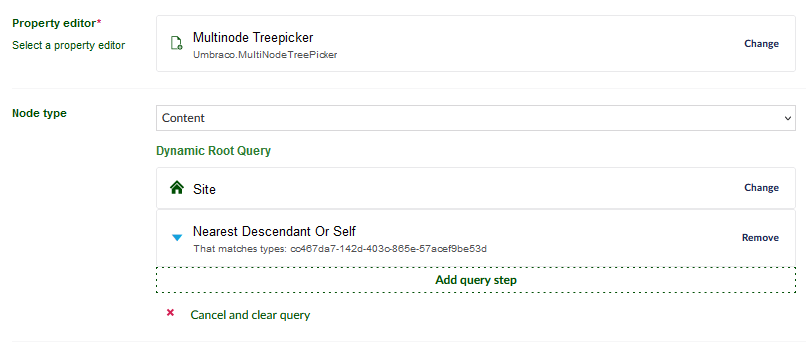 Umbraco Multinode Treepicker with Dynamic Root Query defined.