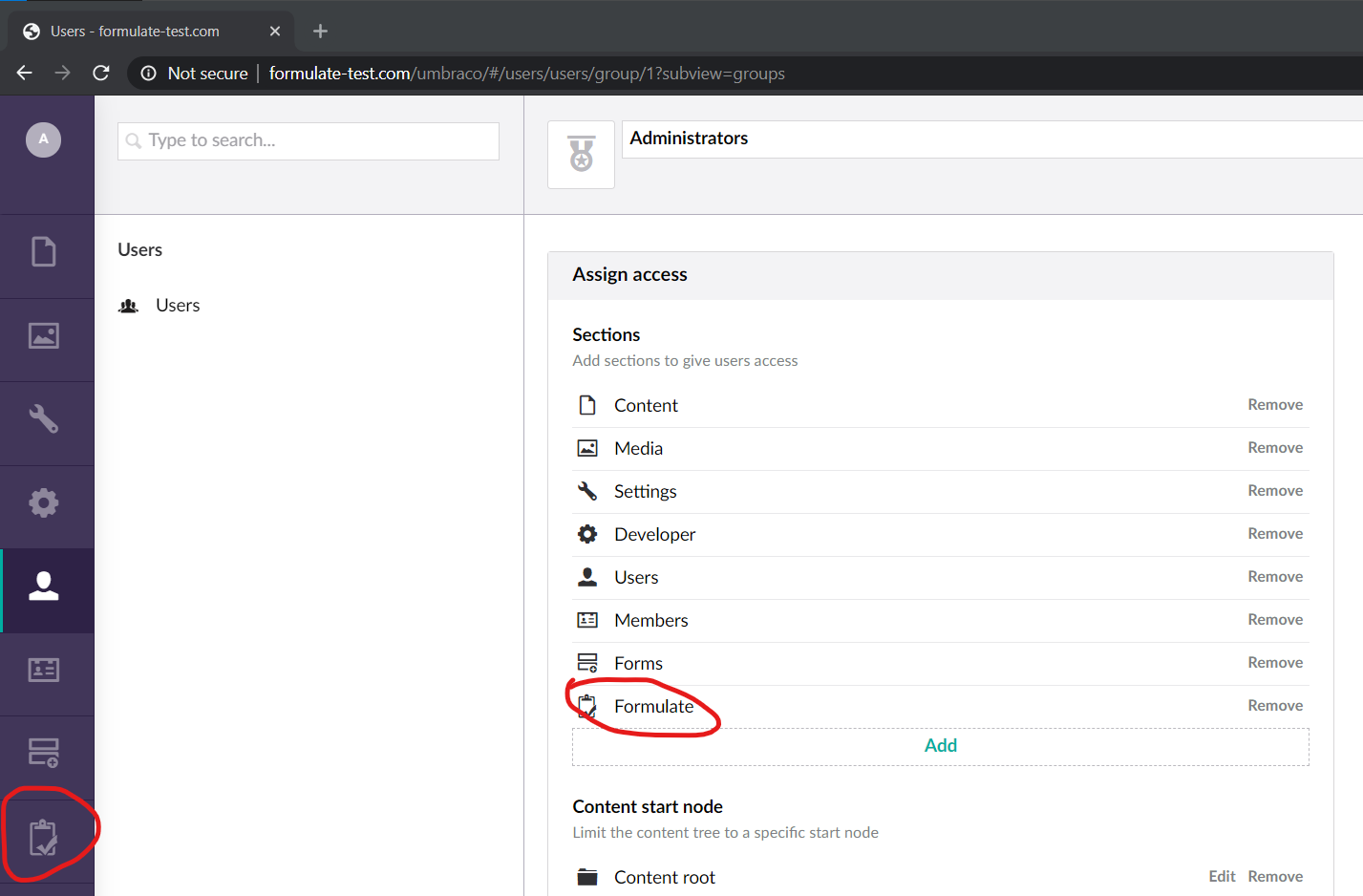 Screenshot of the Umbraco user groups section showing Formulate annotated.