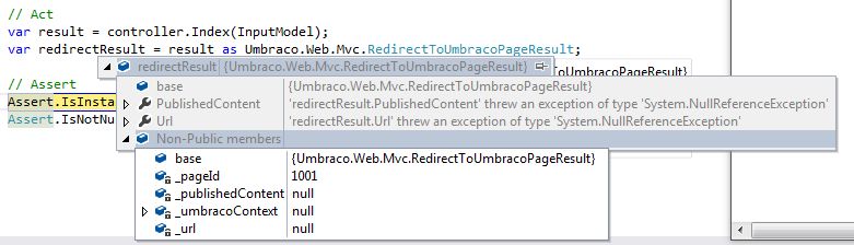 screenshot while debugging unittest with RedirectToUmbracoPageResult