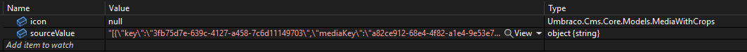 Visual Studio debug properties showing a null icon but sourcevalue is present